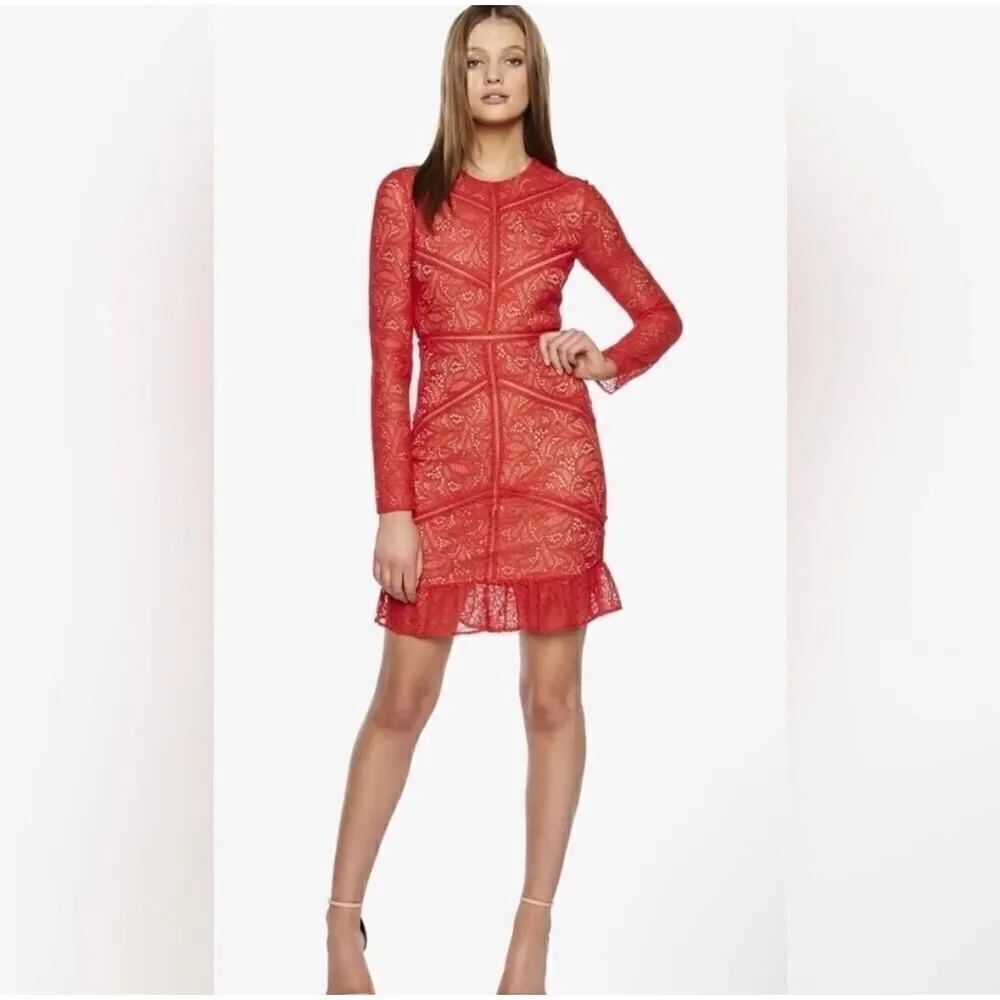 Bardot Red Lace Bodycon Dress Long Sleeve Nude Lined Romantic Sexy Mini US 8
